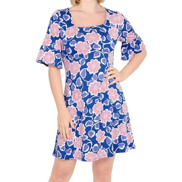 Ruby Rd Favorites Blue Floral Patterned Square Neck Ruffle Sleeve Dress Size 1X - Picture 1 of 9